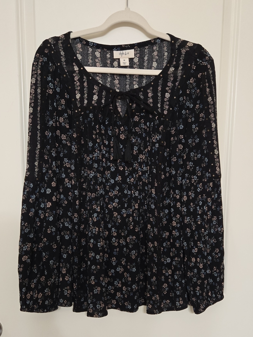 Style & Co. Black Floral Tie-Neck Peasant Tunic